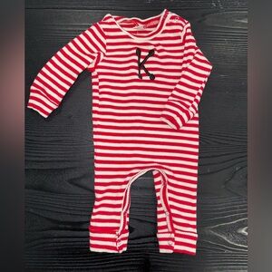 Red + White Striped Romper w/ Black “K”